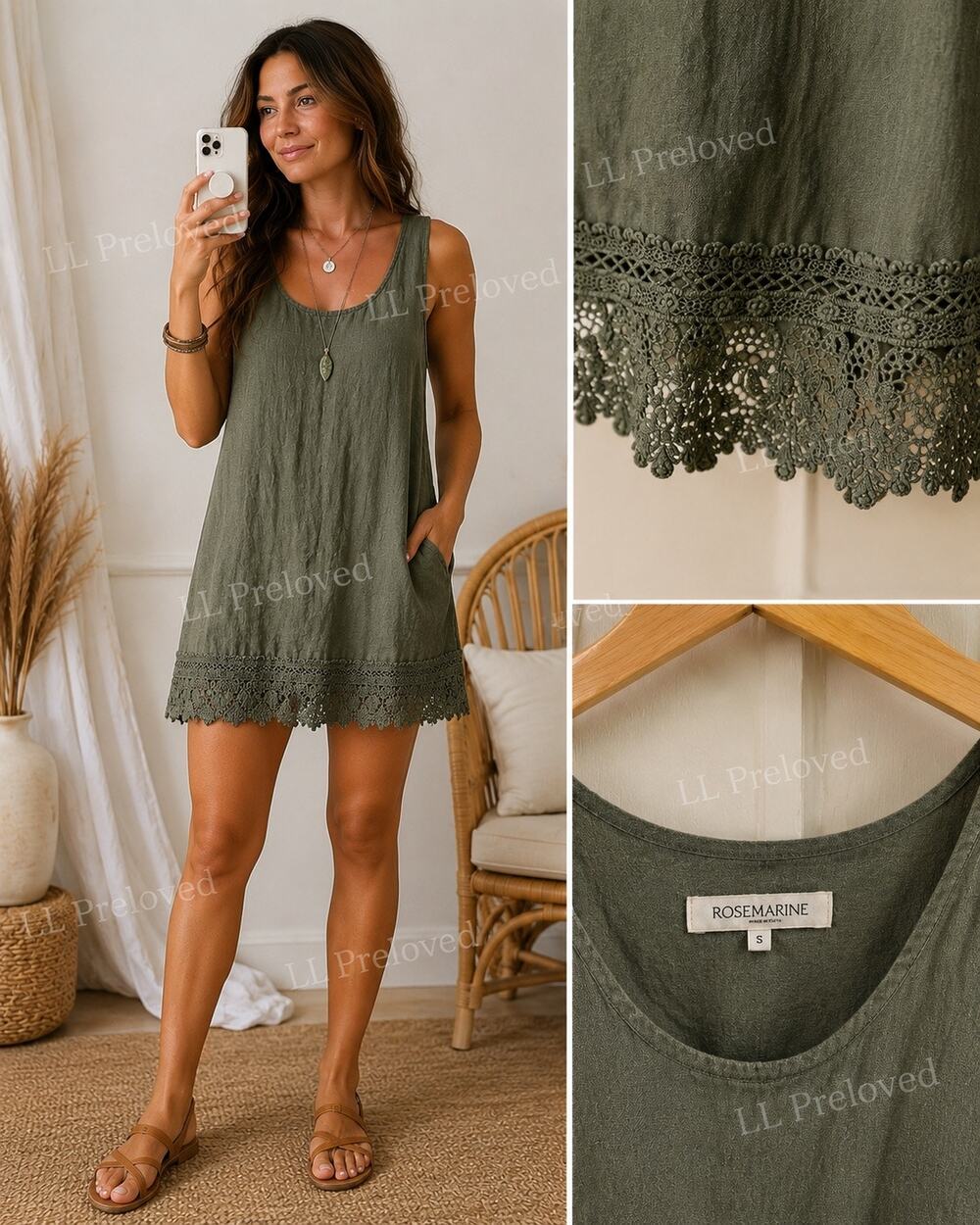 Rosemarine Olive Green Linen Blend Dress Crochet Hem Sleeveless Boho Small